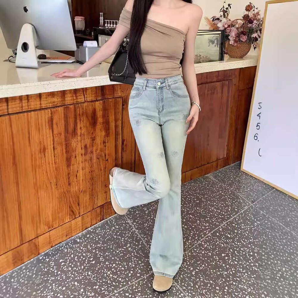 Light Color Printed Rose Flared Jeans for Women High Waist 2024 Autumn New Elastic Slim Fit Slimming Floor-Length Bell-Bottom Pants