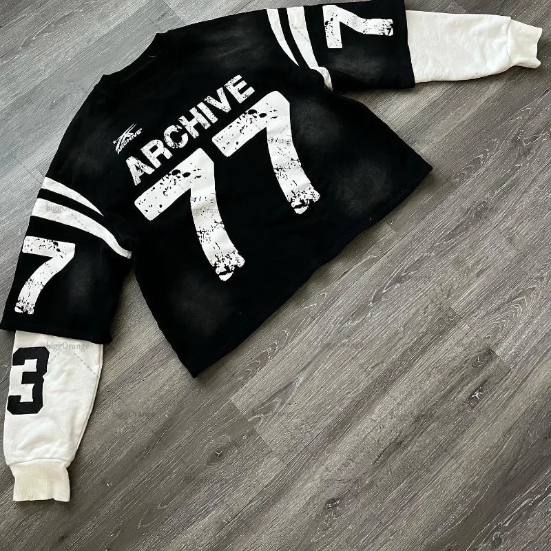 High Street Fashion Clothing Two-piece Y2K Retro Digital Print Long-sleeved T-shirt Men American Classic Loose Versatile Top 250714