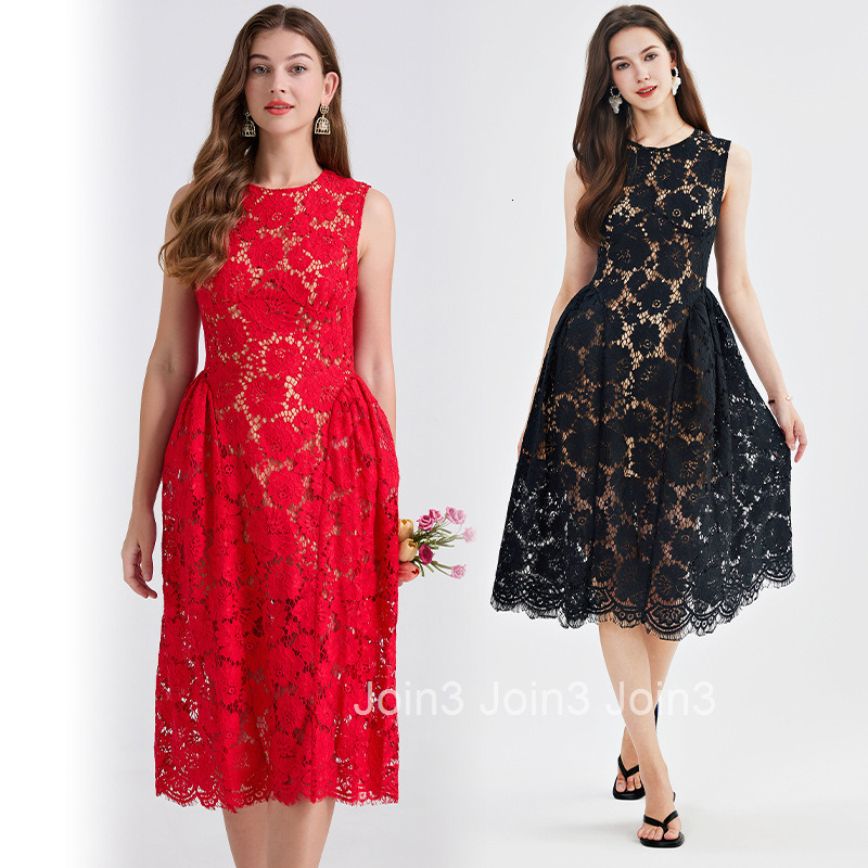 797 Lace Eyelash Puffy Vest Round Neck Dress Slim High Waist Dress