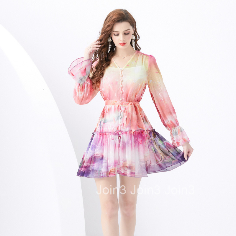 6103 Spring and Autumn New Womens Vacation Style V-neck Lantern Sleeve Printed Dress Two Piece Set