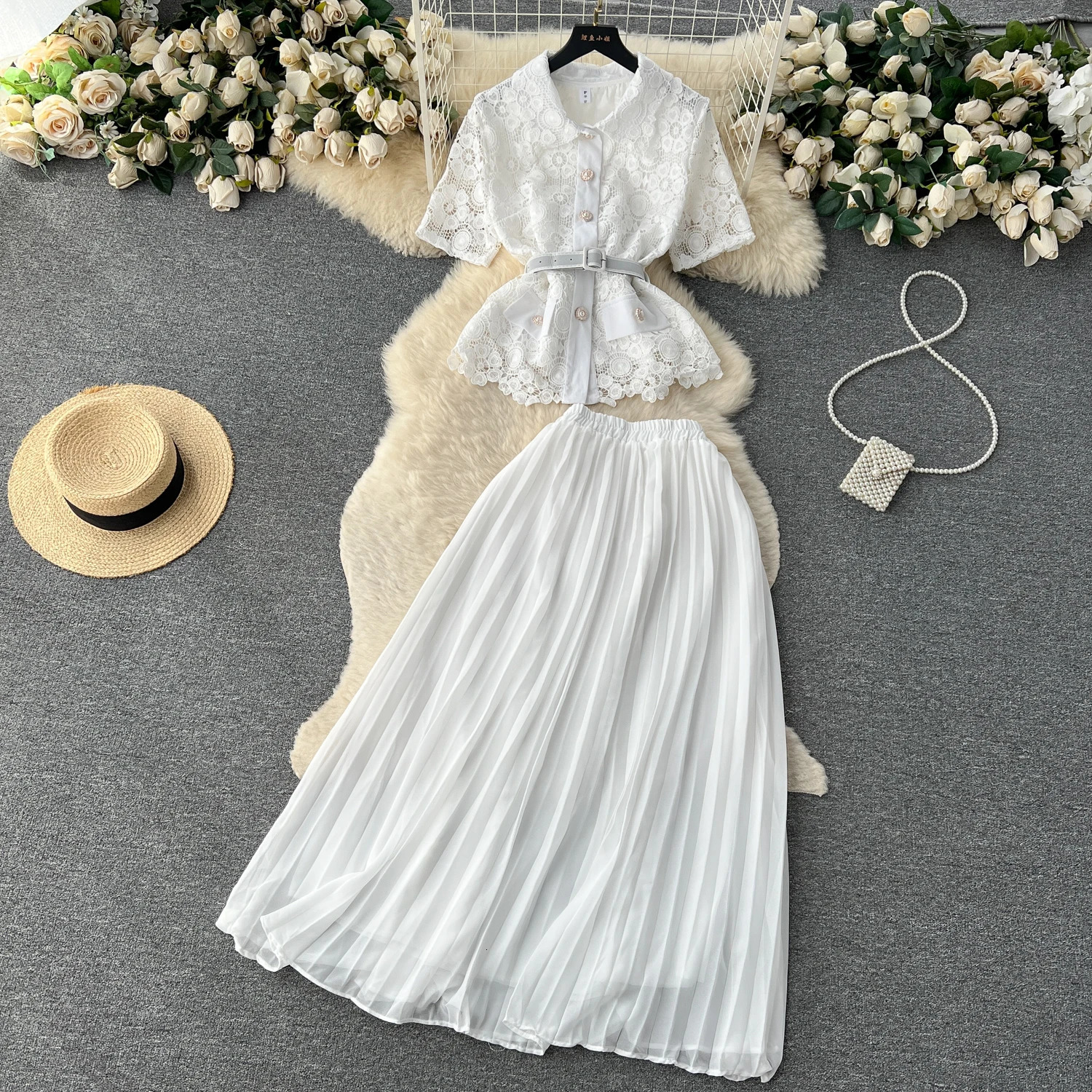 Women Chic French Two Pieces Sets Lapel Short Sleeve Shirt Elegant High Waitst A-line Pleated Skirt Chiffon Fashion Summer Sets 250714