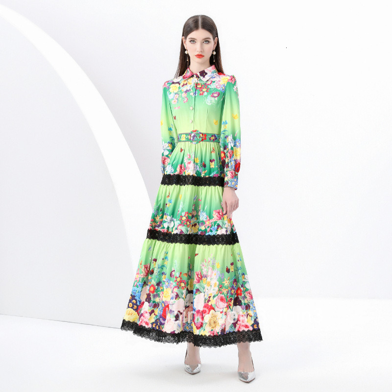 6008 early spring new womens clothing Elegance style lapel lantern sleeve printed lace edge skirt dress