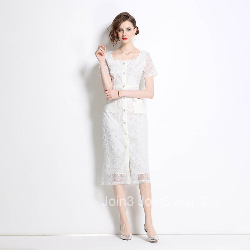 8018 Summer New Womens Fashion Elegant Sequin Embroidered Lace Square Neck Short Sleeve Socialite Mid-Length Dress
