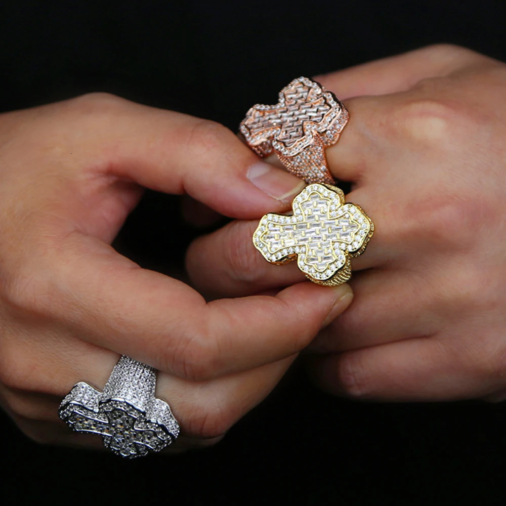 iced Out Bling Cross Finger Ring Silver Color Cubic Zirconia Prong Setting CZ Stone for Men and Women Hip Hop Fashion Jewelry 250717