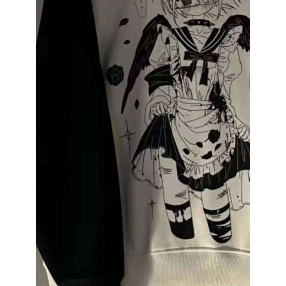 Patchwork Contrast Color Cartoon Print Hoodies Vintage Casual Women Y2k Aesthetic Tops Haruku Grunge Oversized Sweatshirts