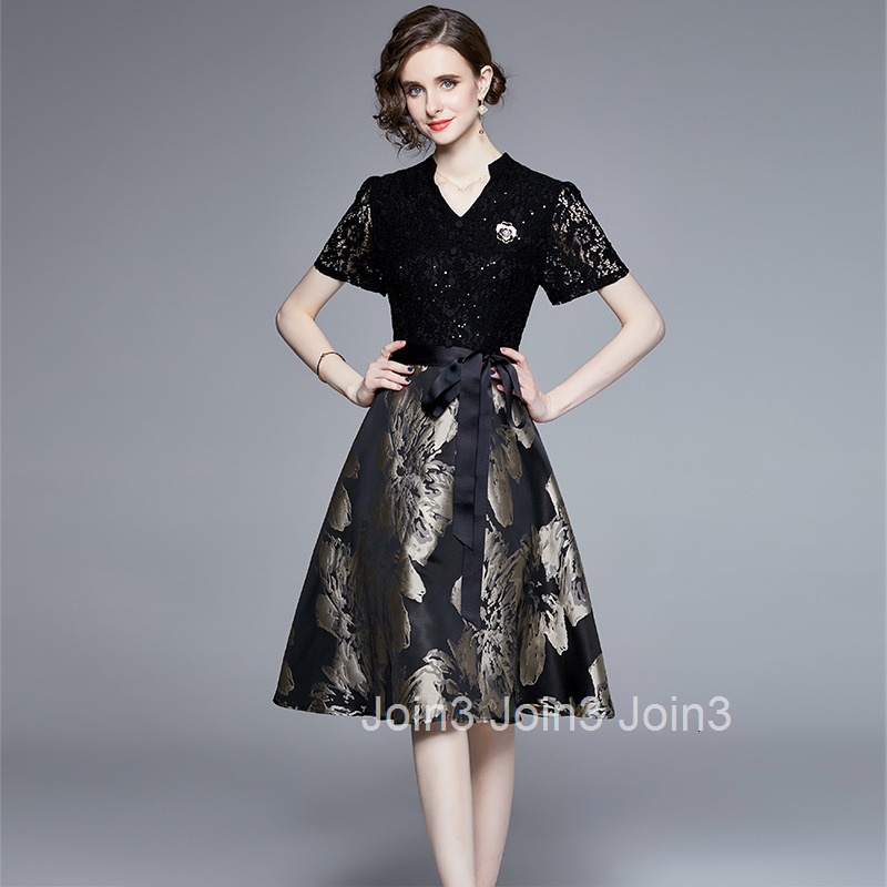 868 Summer New Womens Fashion Elegant Sequin Lace Patchwork Jacquard Waist Slimming Elegant Dress