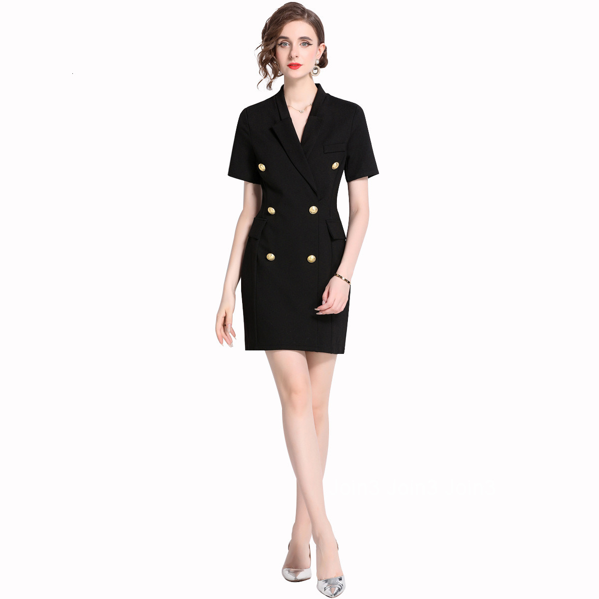 2401 Summer New Womens Metal Buckle Waist Slimming Short Skirt Short Sleeve Blazer Dress