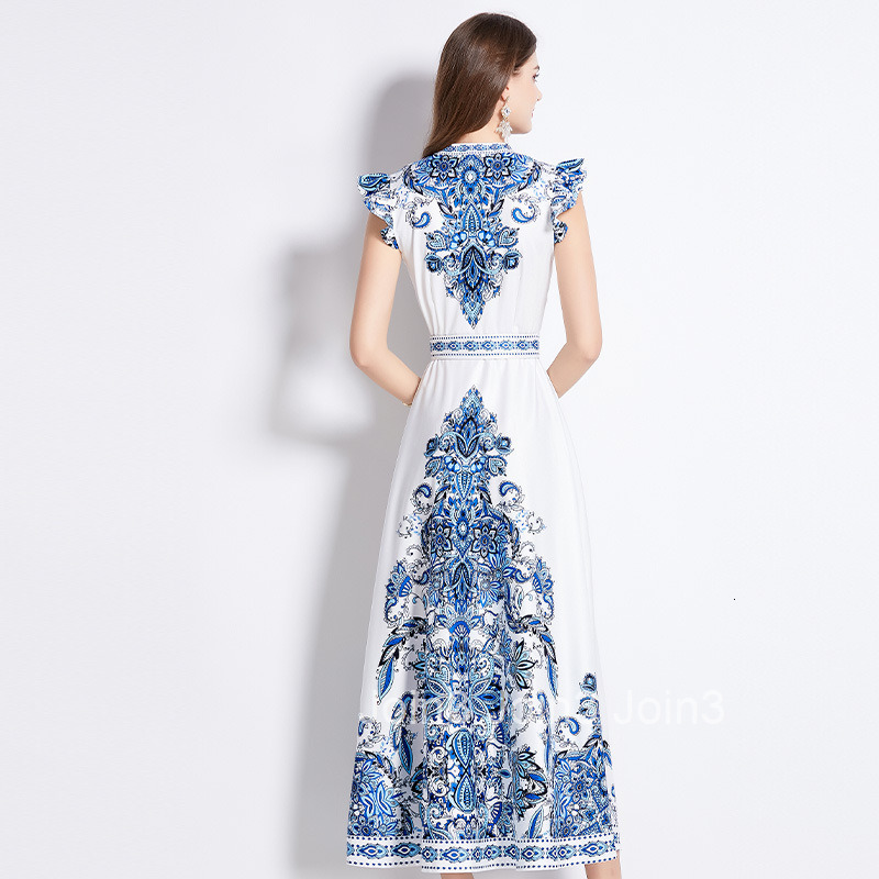 2518 Spring Summer New Womens Ethnic Style Elegant Printed Small Flutter Sleeve Flared Long Dress
