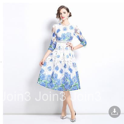 564 medium long sleeved fashionable slimming hollow out water-soluble lace mid length dress