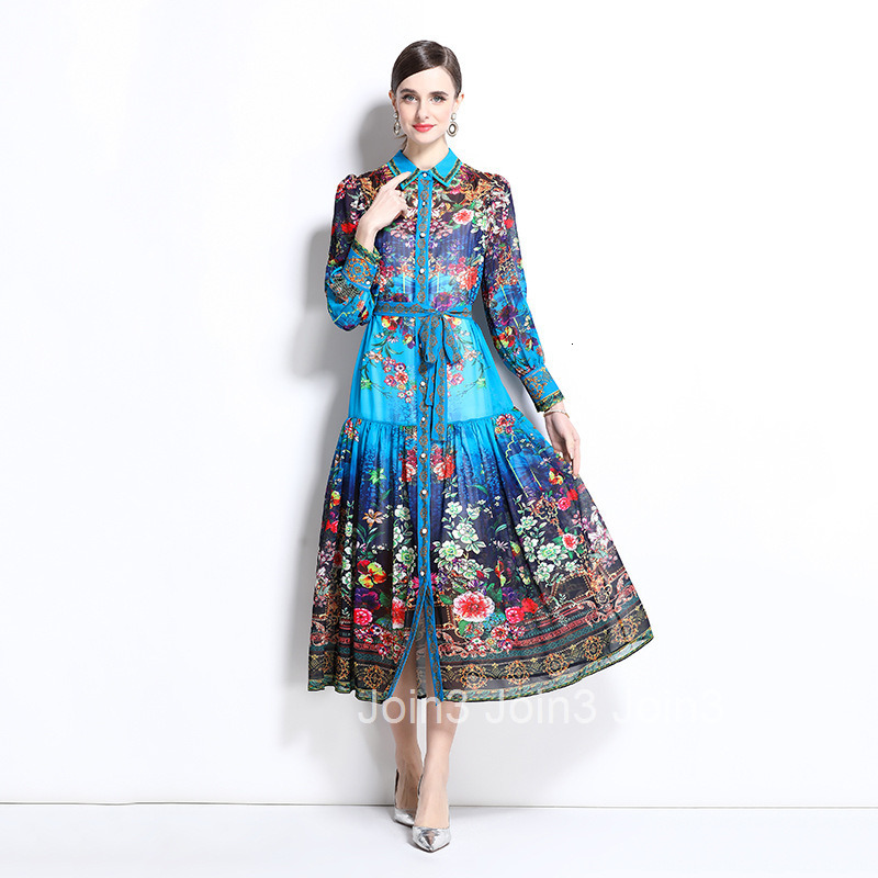 1242 Spring/Summer New Chiffon Collar Lantern Sleeve Printed Dress Long Skirt