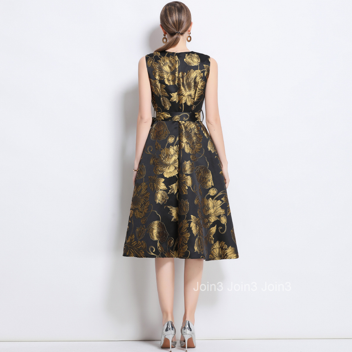 5867 New Jacquard Womens Waist-Cinching Flared Mid-Length Dress