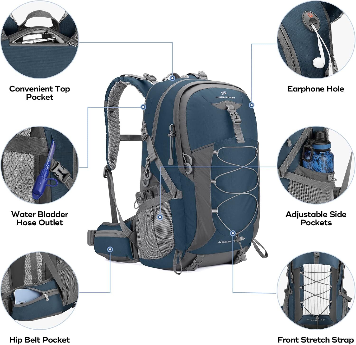 YMX 824 997 Maelstrom Backpack,Camping Backpack,40L Waterproof Hiking Daypack with Rain Cover,Lightweight Travel Backpack,Blue