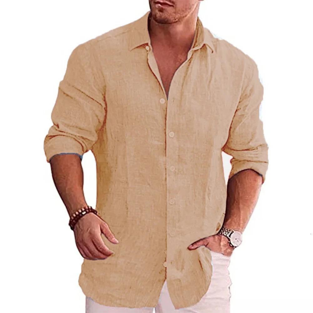 Cotton Linen Autumn Selling Mens Long Sleeve Shirt Solid Color Casual Style Plus Size 250717