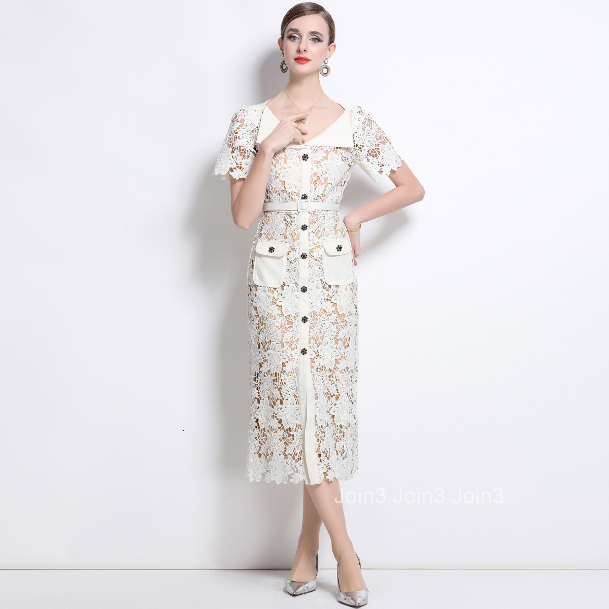 1695 Fairy Dress Three-Dimensional Jacquard Hollow Water-Soluble Lace Waist-Cinching Mid-Length Dress with Belt