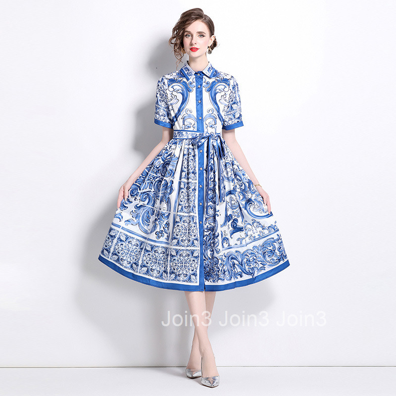 8763 Fashion Versatile Waist-Cinching Blue and White Porcelain Print Short Sleeve Single-Breasted Cardigan Dress