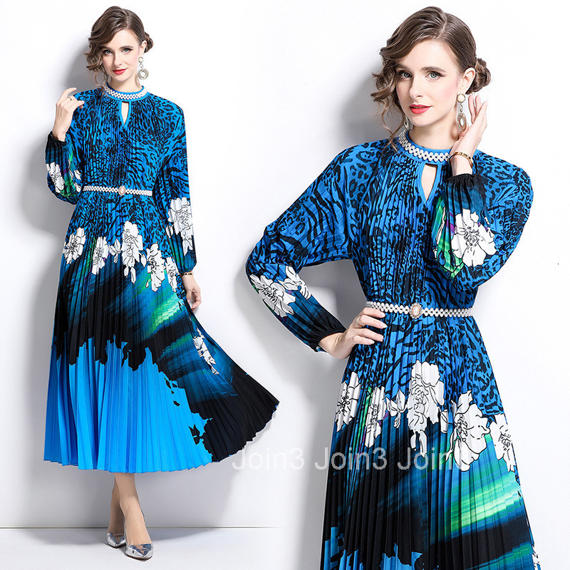 8810 Spring and Autumn new womens clothing temperament nail bead print pleated long skirt long sleeved dress