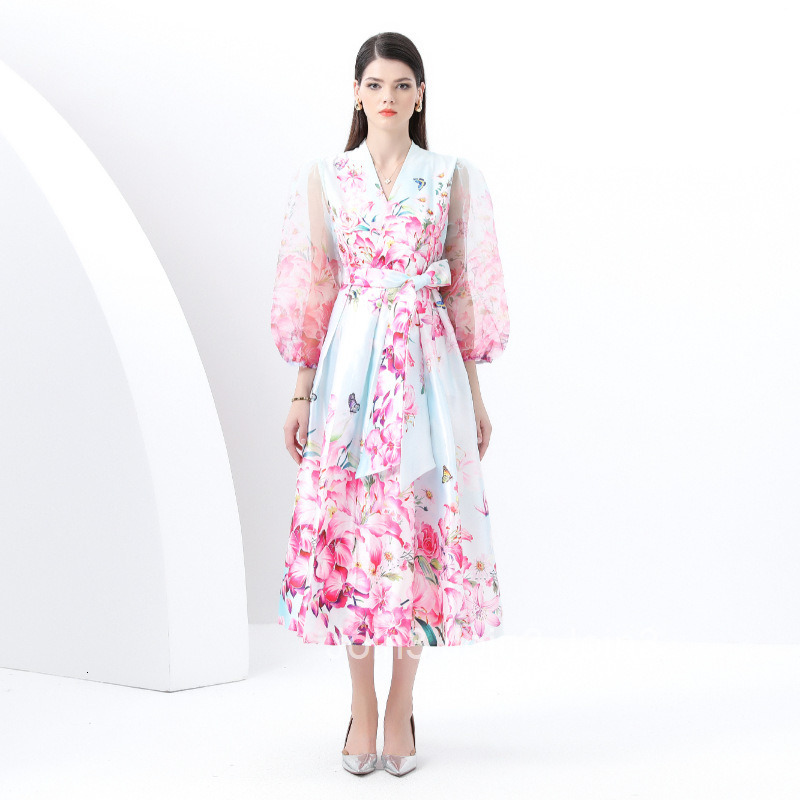 6081 Early Spring New Womens Vacation Wrap Tie V-neck Lantern Sleeve Long Dress Printed Dress