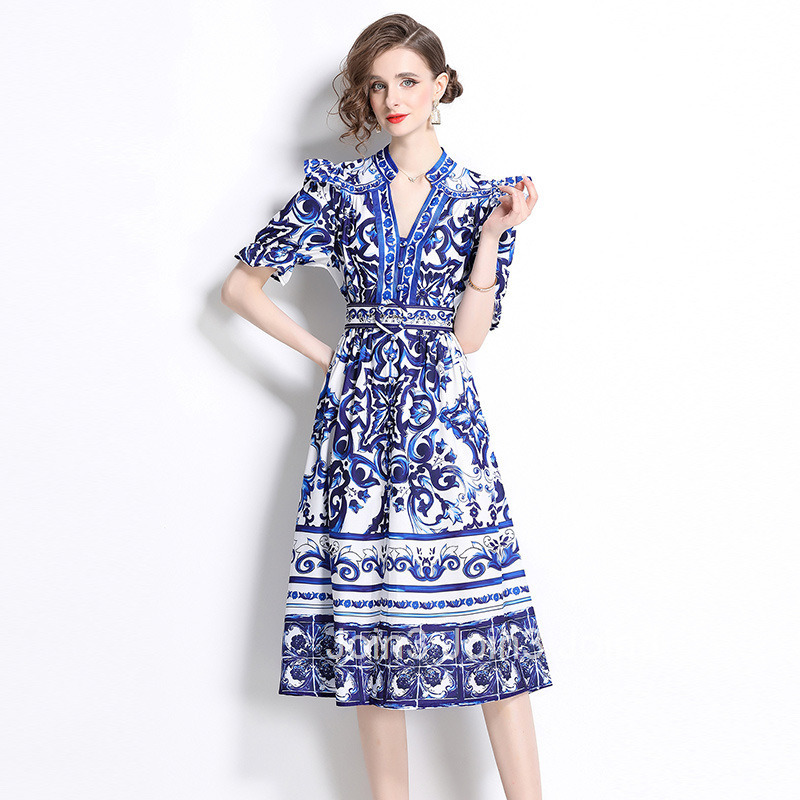 8752 Fashion Elegance Style Stand Collar Single-Breasted Blue and White Porcelain Print Dress