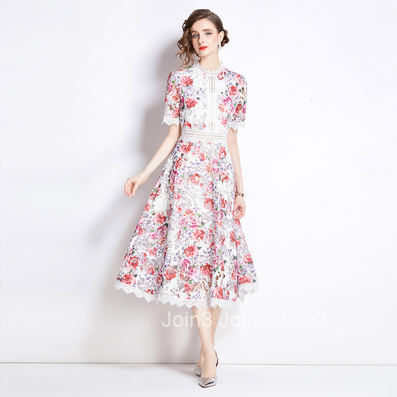 6949 Summer New Womens Elegant Lace Splicing Printed Waist Collection Dress