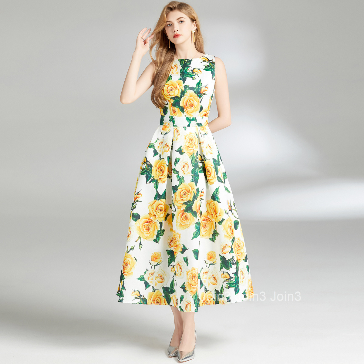 6839 Summer New Womens Fashion Elegant Printed Sleeveless High Waist Dress Waist-Cinching A-Line Long Dress