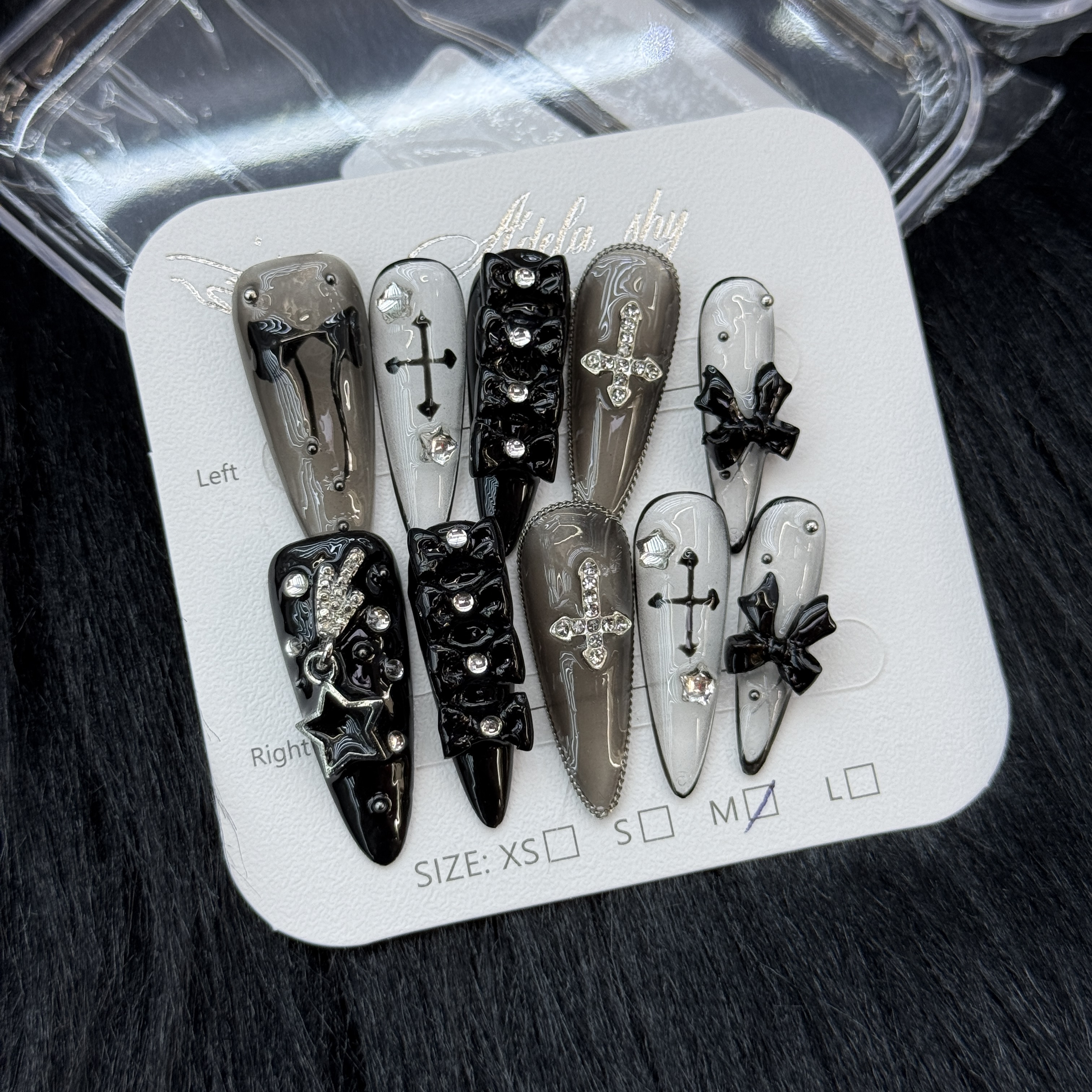 False Nails 10pcs Long Coffin Black White Grey Cross Bow Skull Rhinestone Detachable Full Cover Press On DIY Handmade press on nails