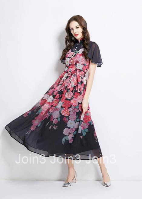 2723 Spring/Summer New Small Flutter Sleeve Ruffle Floral Color Waist-Cinching Stand Collar Dress