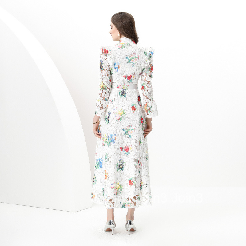 8836 Spring Summer Elegance Style Stand Collar Long Sleeve Waist-Cinching Wide Skirt Lace Print Long Dress