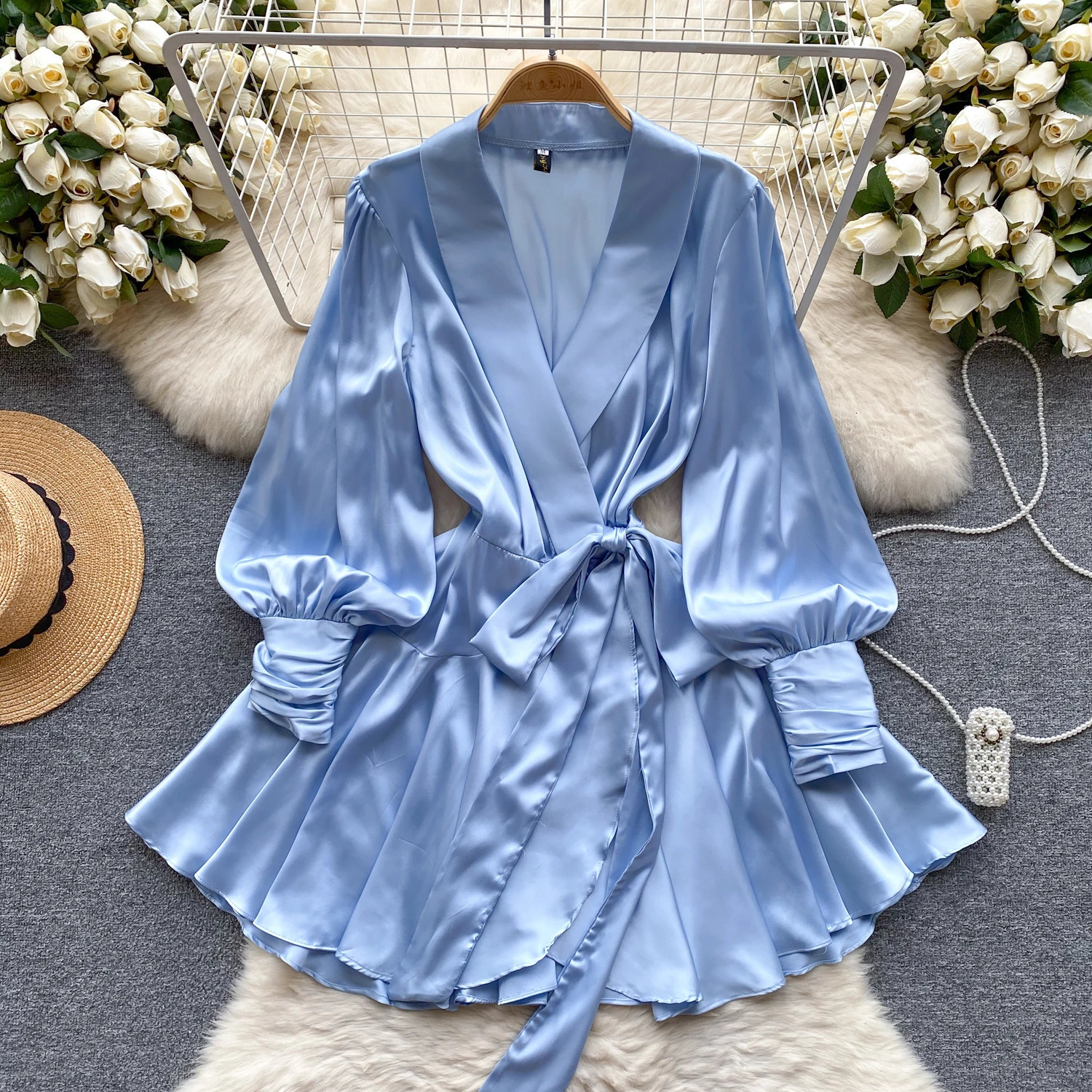 Vestidos De Mujer V Neck Puff Sleeve Satin Lace-up Solid Color Dresses for Women French Chic Pleated Dress Spring Drop 250715