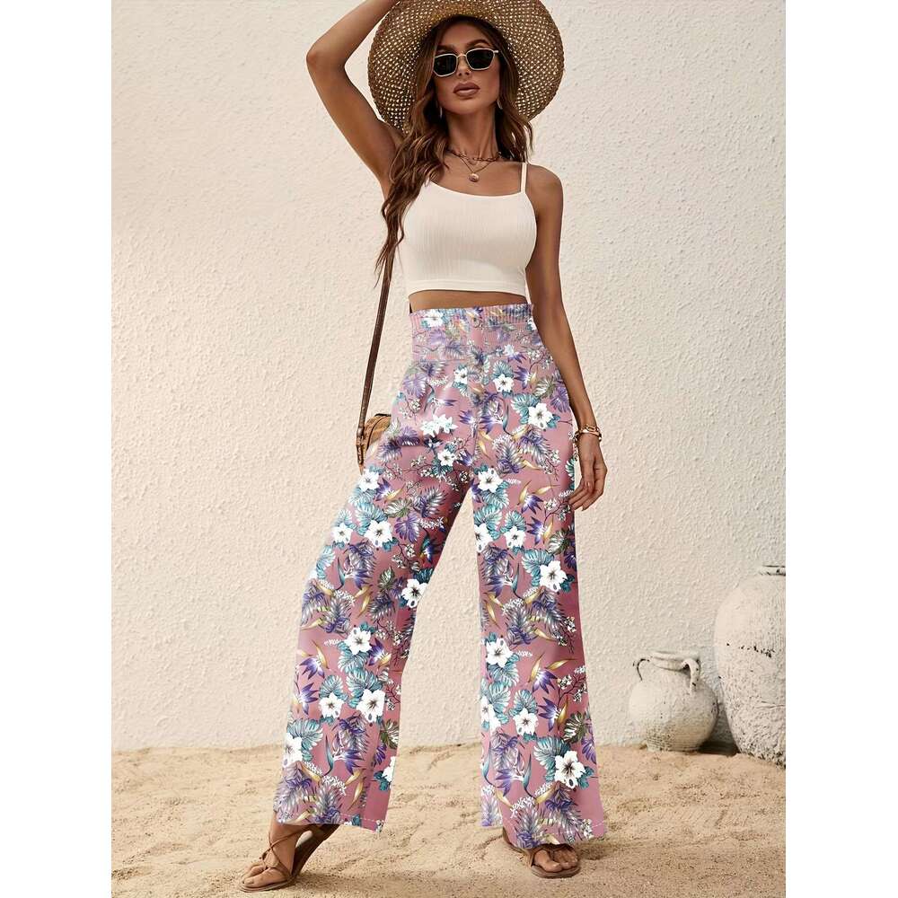 Cross-Border Spring European and American Women's New Fashion Long Printed Casual Elegant High Waist Gathered Straight Wide-Leg Pants