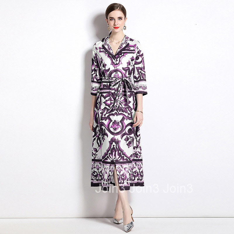 8701 Fashion Blue and White Porcelain Print Loose Pocket Mid-Sleeve Suit Collar Shirt Long Dress