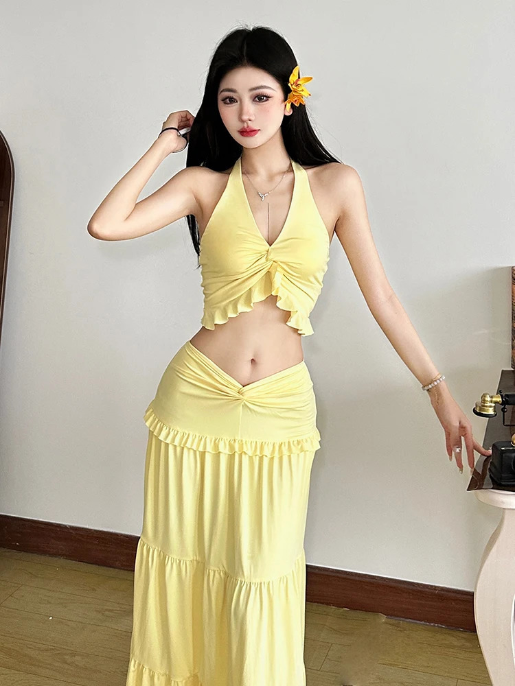 Cute Pleated Matching Women 2 Piece Solid Sexy Ruffle Halter V-neck Crop TanksCross High Waist Skirts Female Vacation SETS 250714
