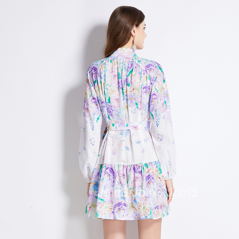 2763 Spring Summer New Womens Clothing Holiday Style Floral Oil Painting Style Stand Collar Long Sleeve Short Dress