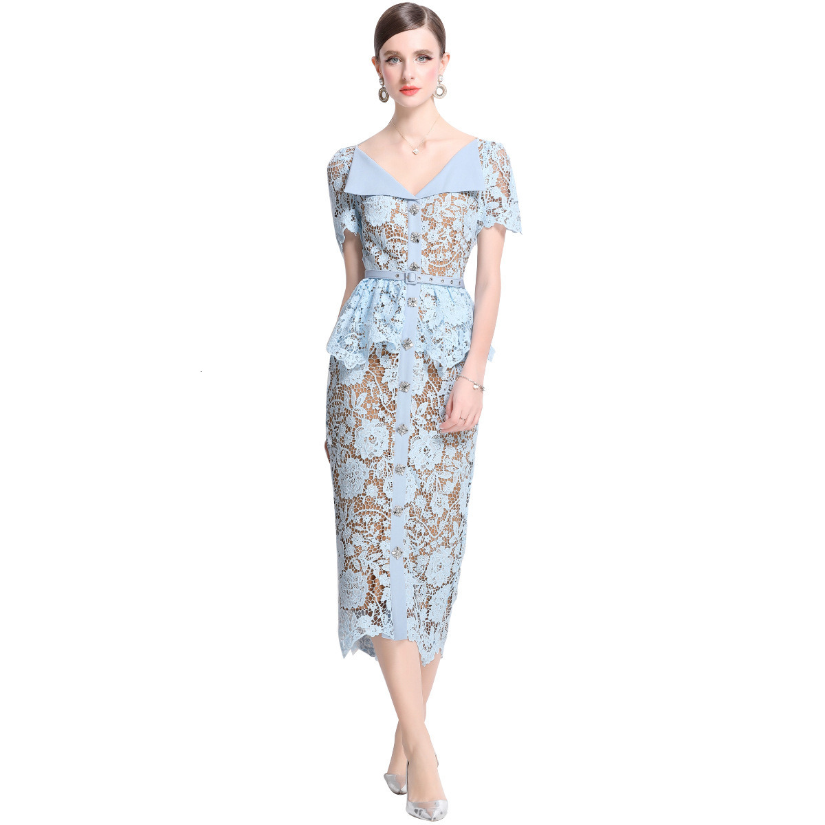 5849 Elegant Large Lapel Short Sleeve Lace Waist Slim Dress with Belt