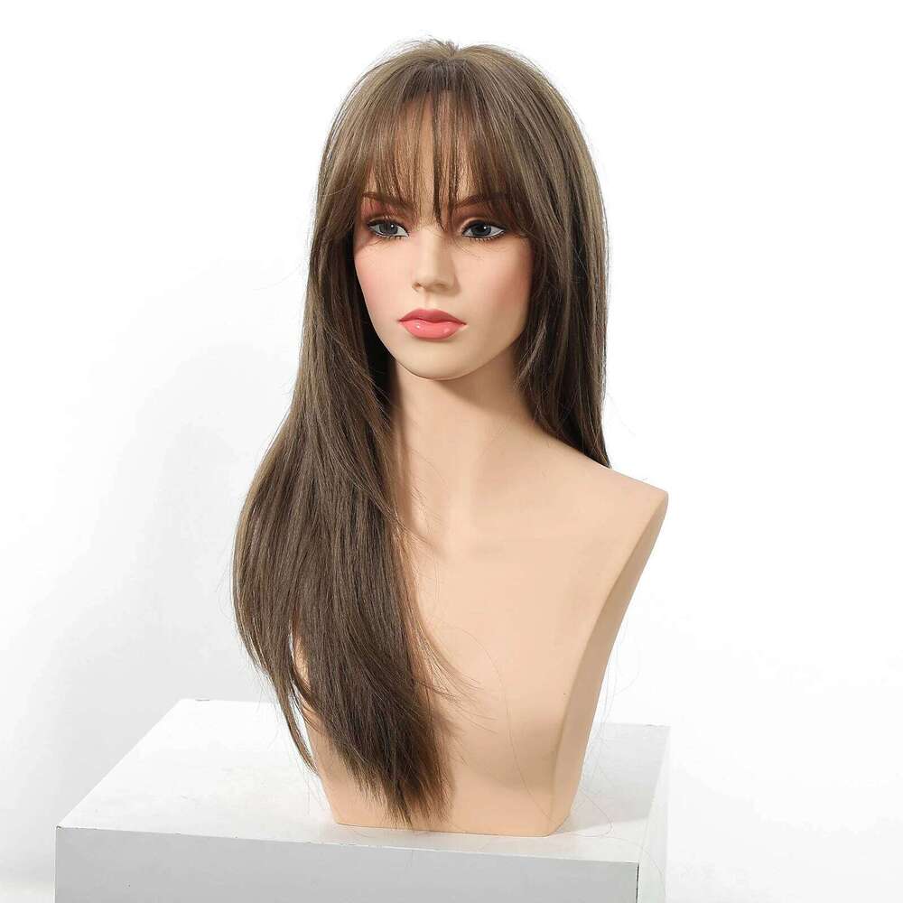 EASIHAIR Brown Straight Layered for Women Long Natural Hair Synthetic With Bangs Daily Use Party Heat Resistant Wigs