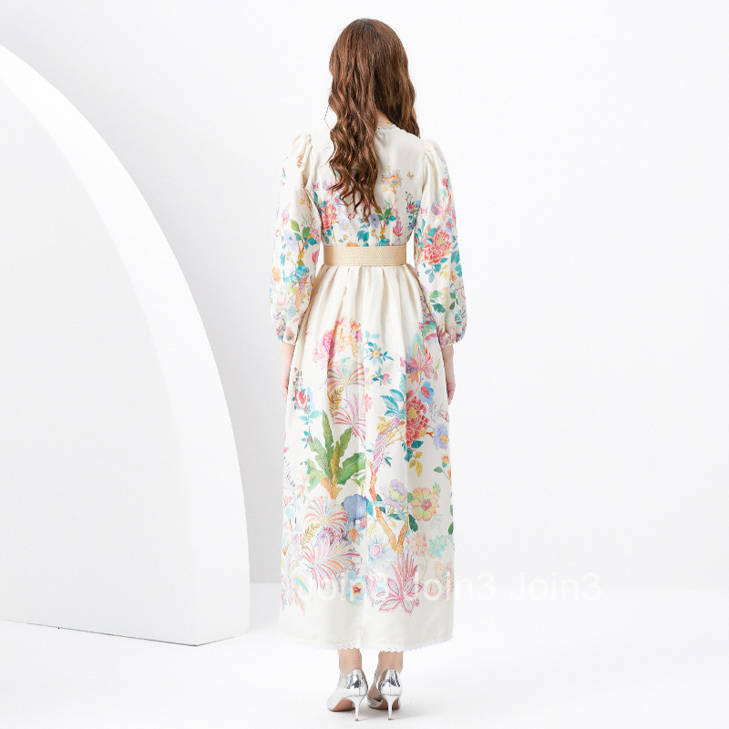 6272 Spring Summer New Womens Vacation Style V-Neck Lantern Sleeve Printed Flared Long Dress