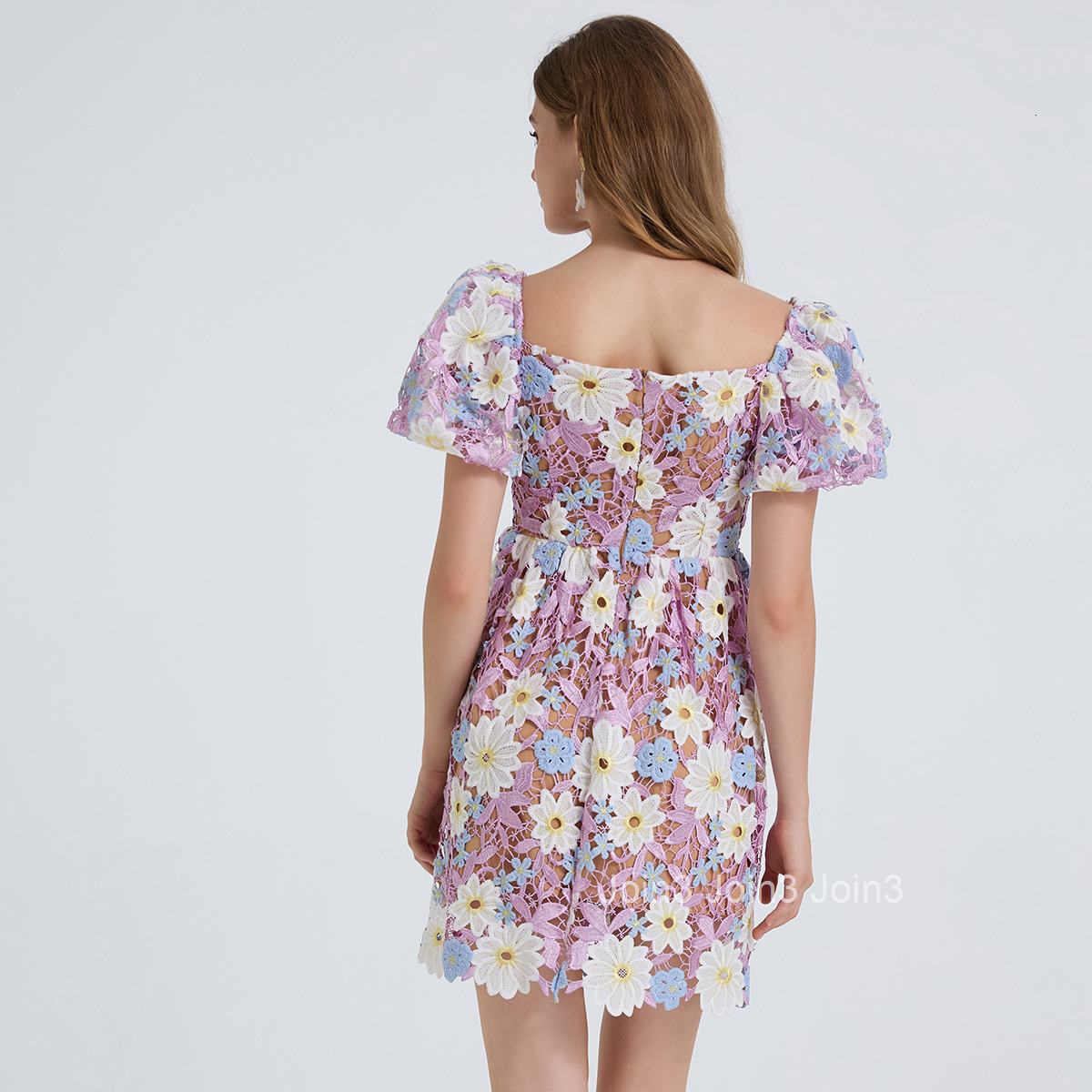 811 Fashion Heavy Craft Water-Soluble Lace Embroidery Puff Sleeve Dress Sexy Off-Shoulder Flared Dress