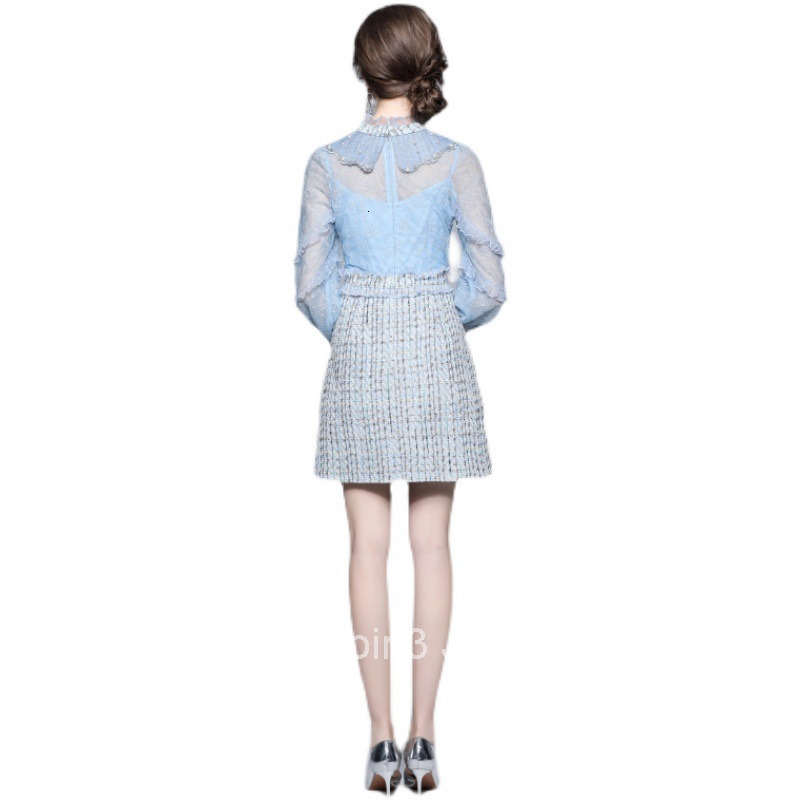 925 Autumn New Womens Clothing Elegant Blue Embroidered Nail Bead Fake Two piece Coarse Flower Short Skirt Dress