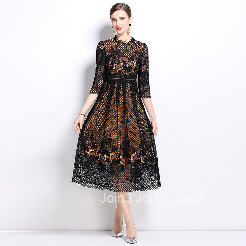 550 summer new womens clothing style mid long sleeved slimming hollow out water-soluble lace mid length dress