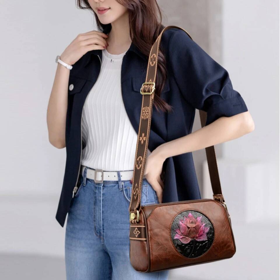 Three Layers Handbag Soft Leather Shoulder Crossbody Bags for Women Flower Print Ladies Messenger Bag with WIde Strap