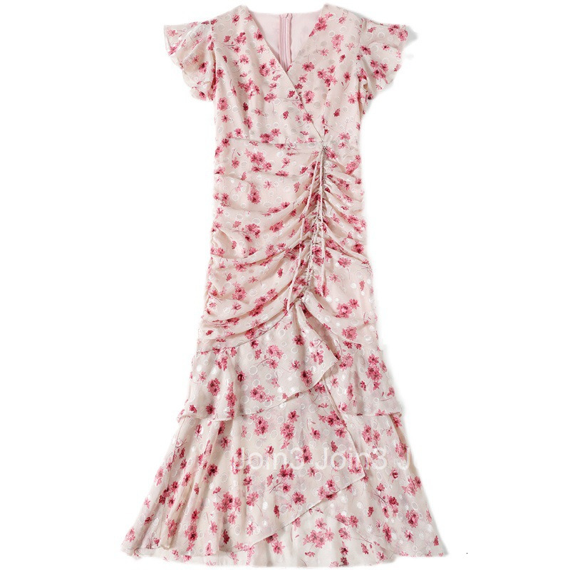 8692 summer womens wear floral V-neck Short Sleeve Ruffle waist closing to show thin temperament lady medium length dress