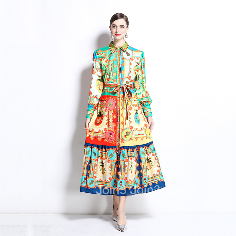 1237 Spring and Autumn New Cotton and Hemp Collar Lantern Sleeve Printed Dress Long Dress