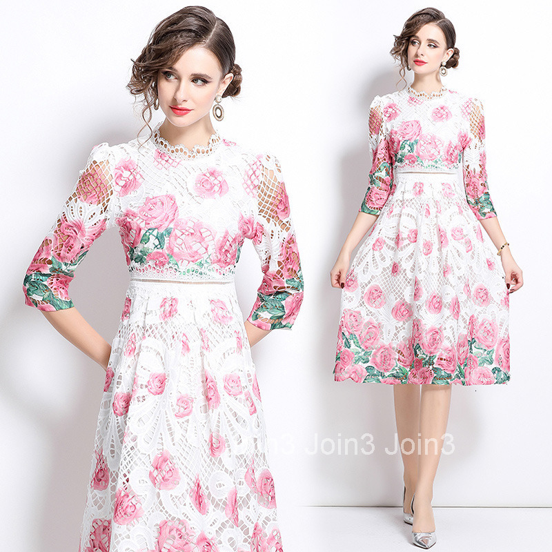 564 medium long sleeved fashionable slimming hollow out water-soluble lace mid length dress