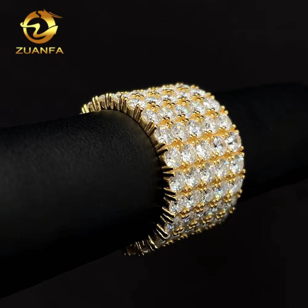 New Design Iced Out Jewelry Solid 925 Sterling Silver 18K Gold Plated Hip Hop 5 Rows Moissanite Diamond Eternity Ring for Men