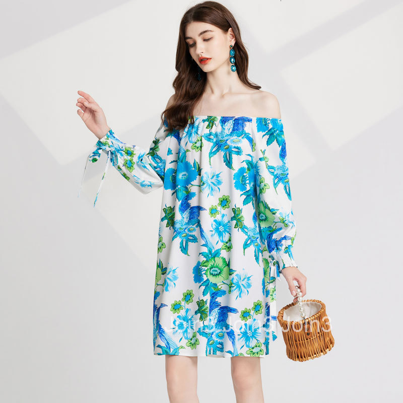 037 Summer New Womens Fashionable Printed Off-Shoulder Long Sleeve Loose Short Dress