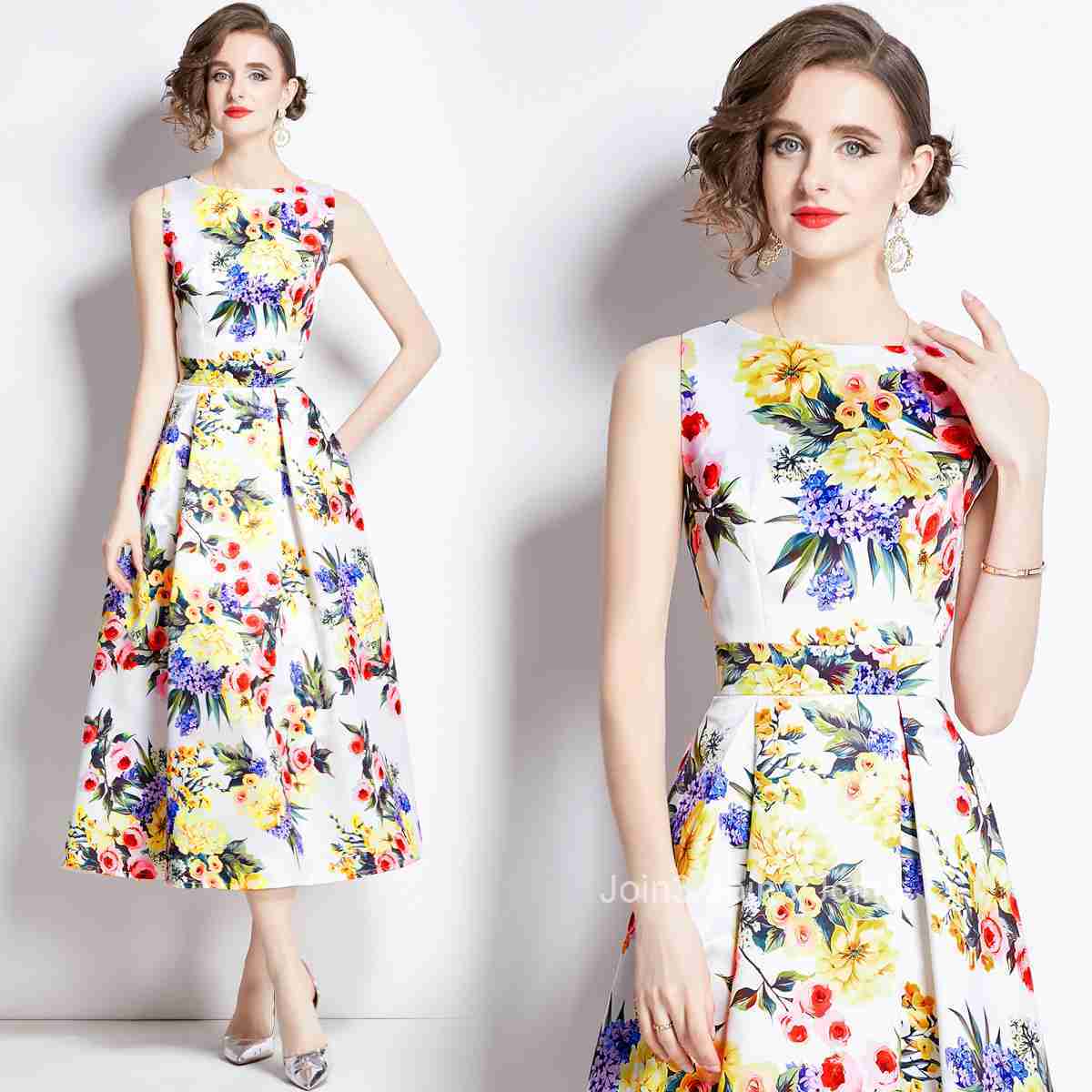 891 Summer New Womens Printed Sleeveless High Waist Dress Slim Waist Flared Long Dress