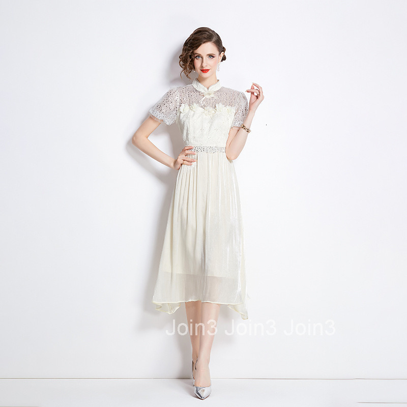 8016 Summer New Womens Fashionable Mesh Sequin Waist Slimming Long Dress