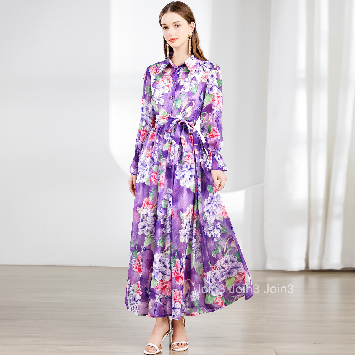 6854 Spring and Autumn New Womens Clothing Pastoral Style Printed Flared Long Dress with Turn-Down Collar and Bell Sleeves
