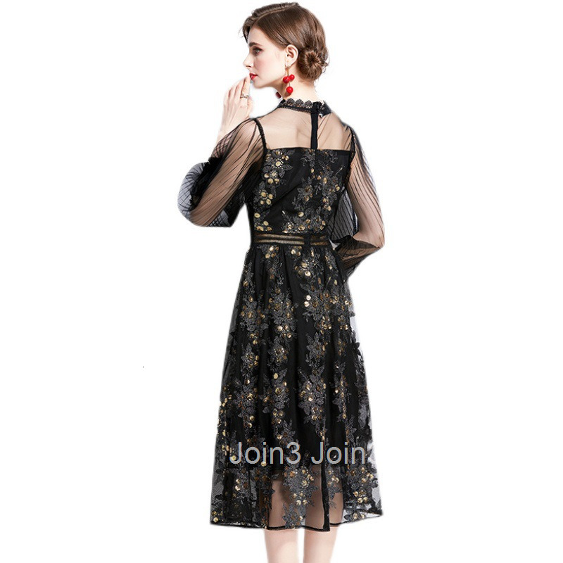 6515 Autumn New Womens Dress with Waist cinching and slimming temperament sequin embroidery round neck mesh A-line dress