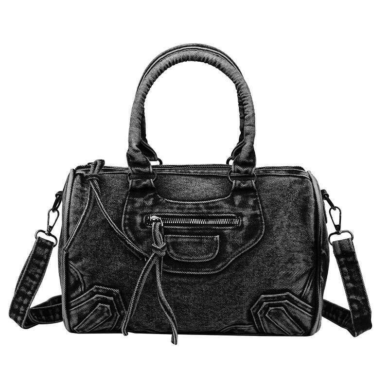 Motorcycle Washed Denim Patchwork Handbag Large Capacity Commuting Travel Single Shoulder Crossbody Bag