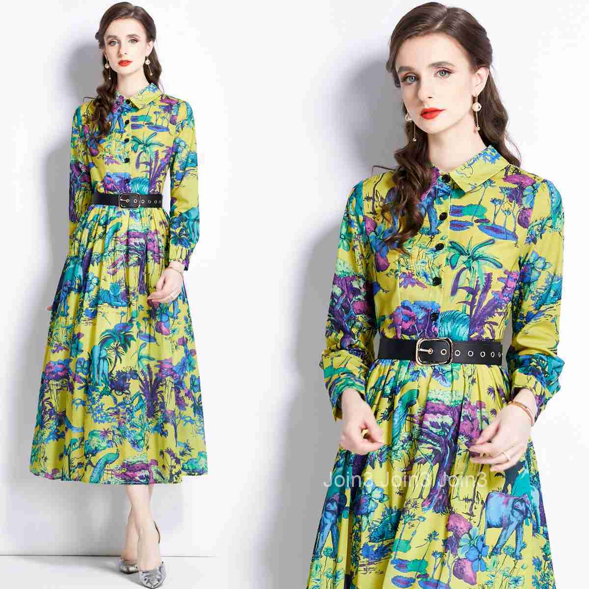 1605 Autumn New Womens Polo Neck Print Waist Wrap Long Dress (with Belt)